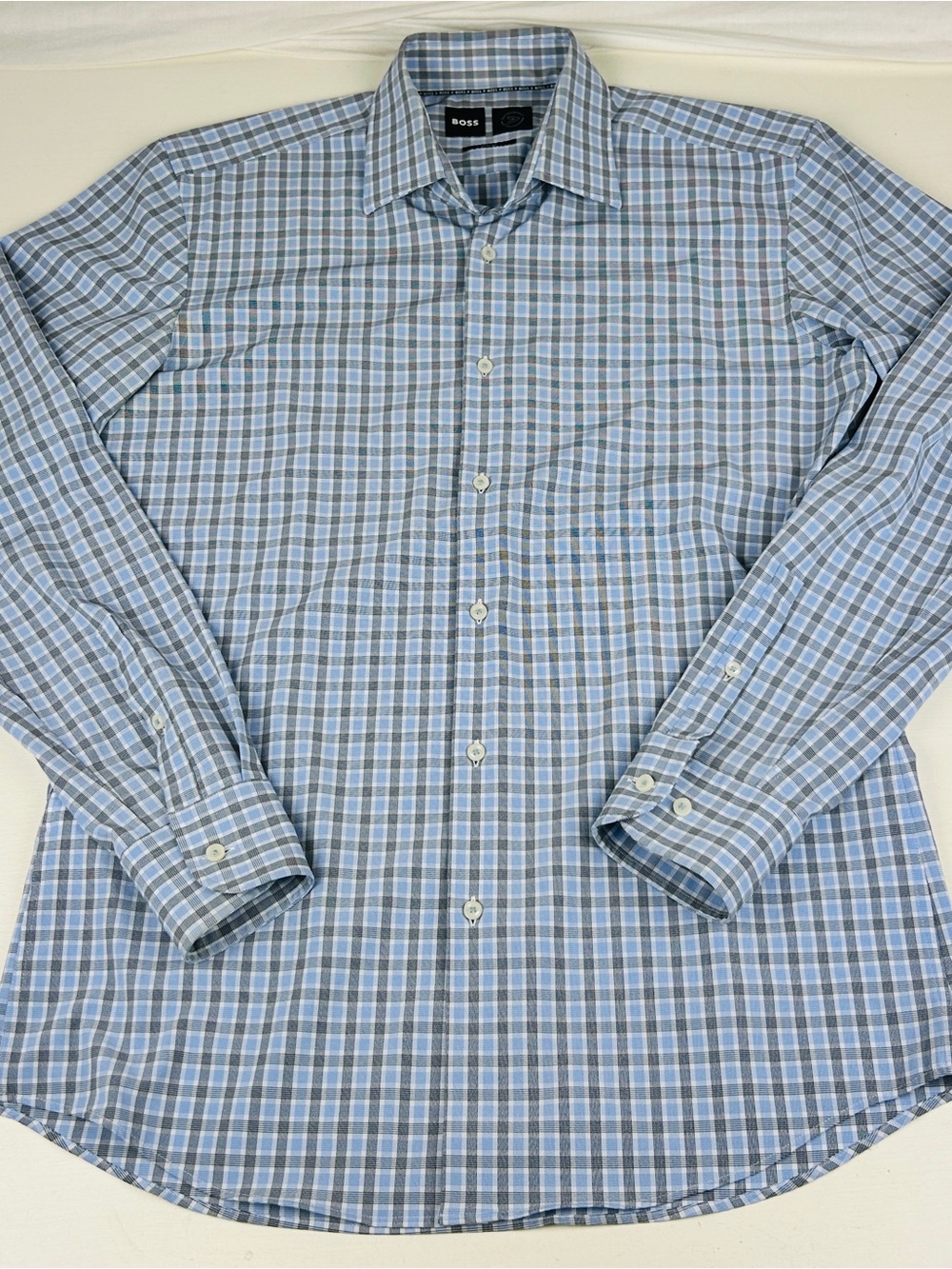 Hugo Boss Blue White Check Men Performance Dress Shirt Sz Medium 39 Slim Fit